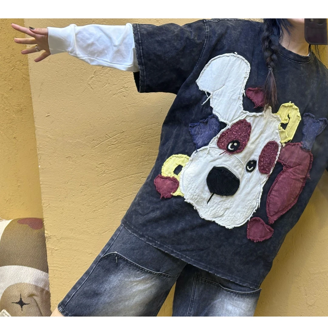 欧货黑色立体贴布宽松水洗Ｔ夏季