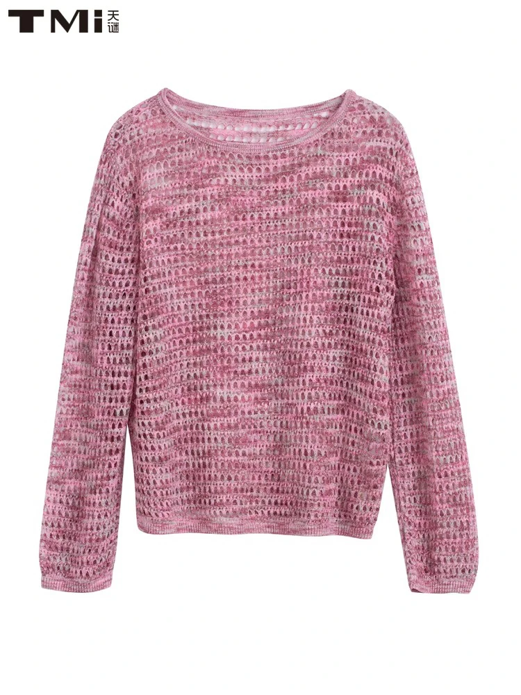 天谜针织衫温柔扎染粉镂空套头毛衣2025春季新品女装TMi