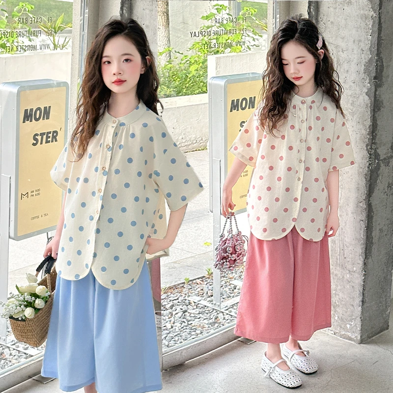 女童套装儿童洋气圆点棉布衬衫阔腿中裤两件套3-15岁夏季女孩薄款