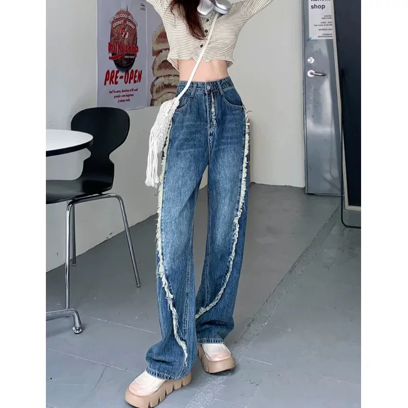 8008#复古美式窄版直筒牛仔裤2025新款设计感高腰显瘦阔腿长裤子