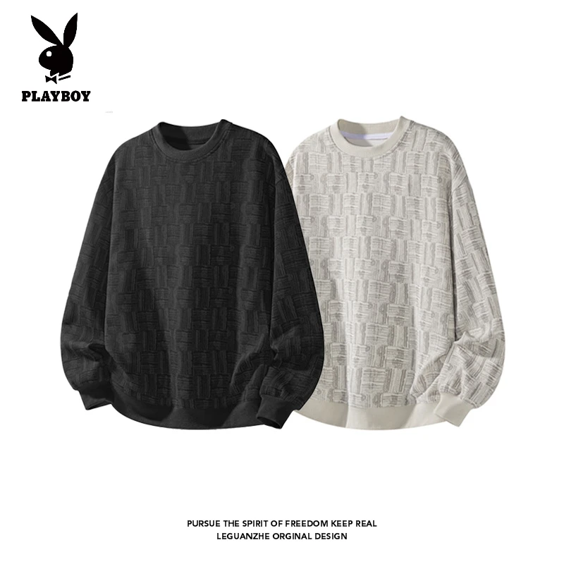 花花公子2025几何格子长袖圆领无工艺秋季卫衣潮流宽松欧若精灵风