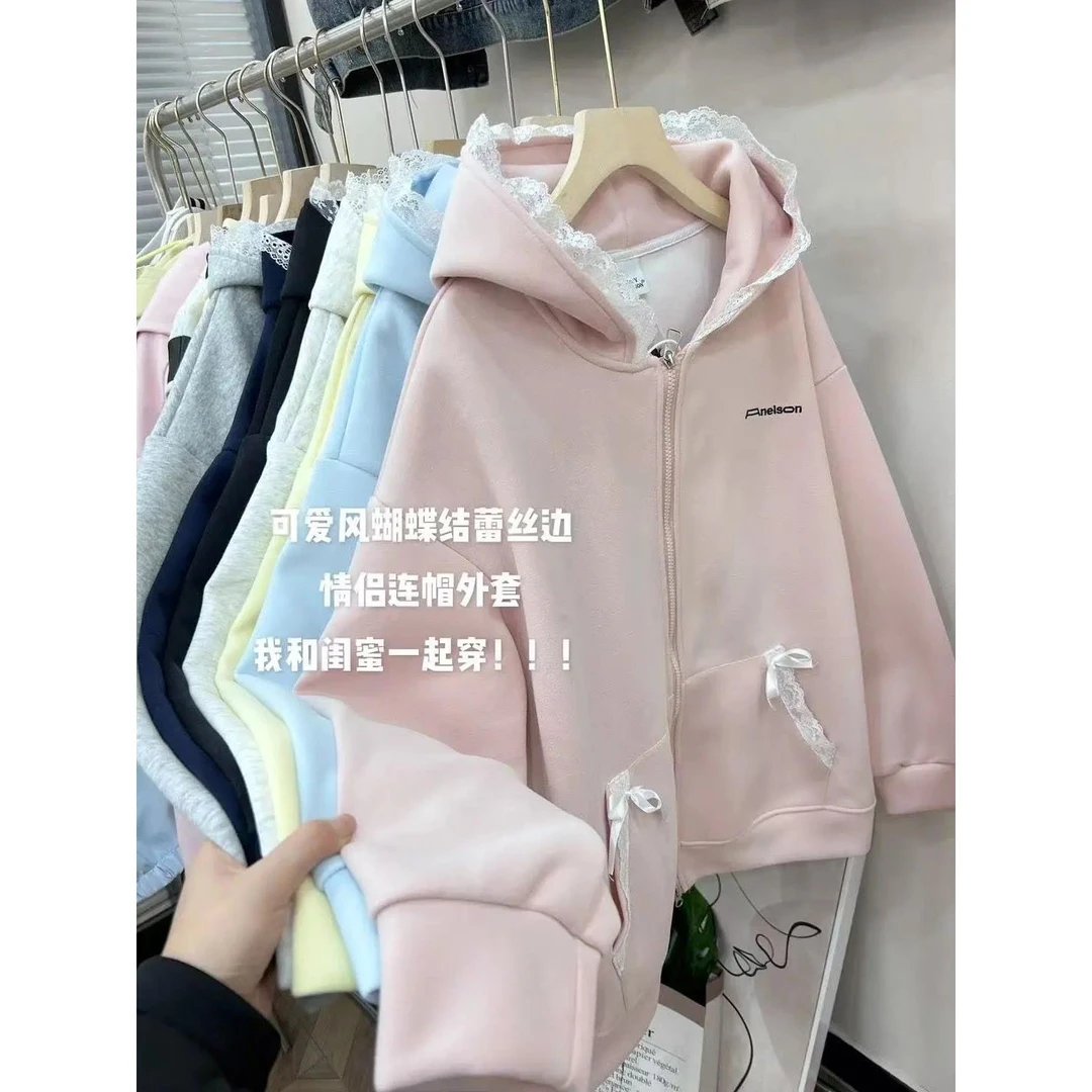 韩系ins蕾丝拼接连帽卫衣开衫学院风宽松显瘦别致甜美少女外套春