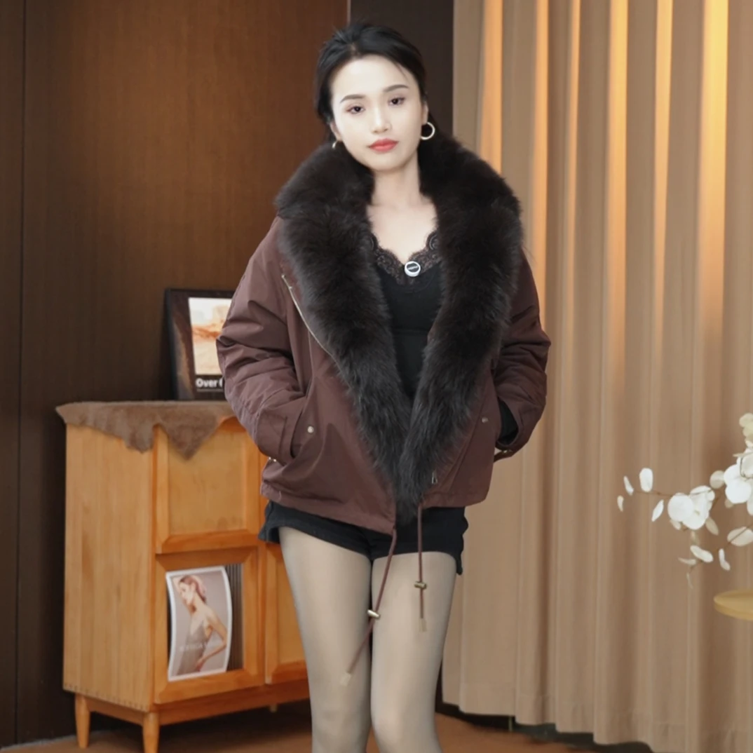 2025新款狐狸毛领短款羽绒服百搭网红款女款气质派克服狐狸毛