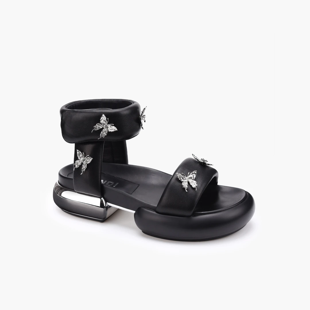 UANDI原创25年夏季新款韩版百搭时尚黑色露趾平跟时装女士凉鞋女