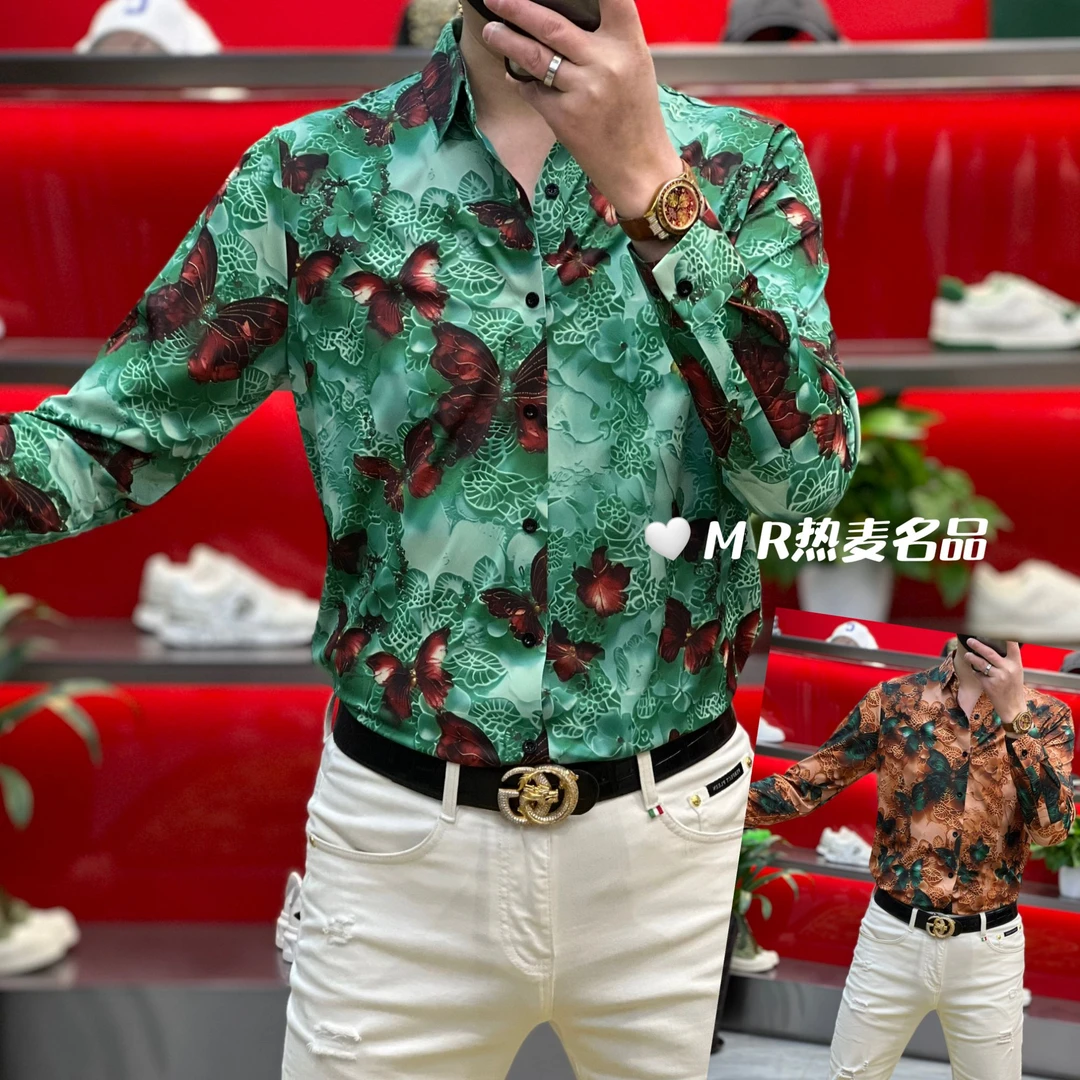 【熠星甄选】春夏衬衫免熨烫立体蝴蝶印花25款 男士修身长袖衬衫