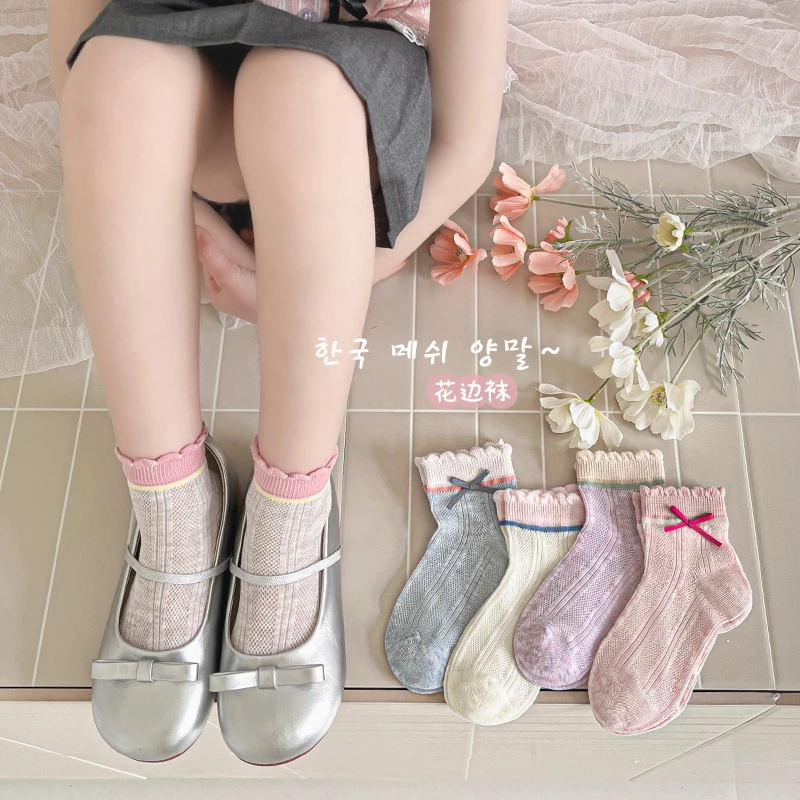 女童袜子夏季薄款儿童网眼无骨短袜韩版甜美蝴蝶结女宝花边公主袜