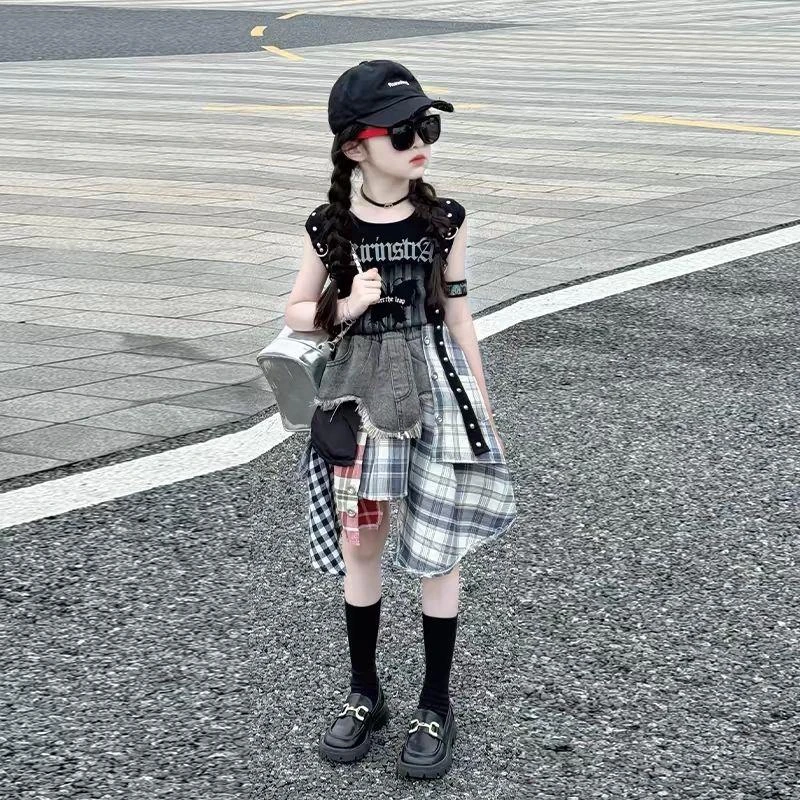 女童炸街夏季套装新款洋气女孩潮流背心街舞表演不规则裙两件