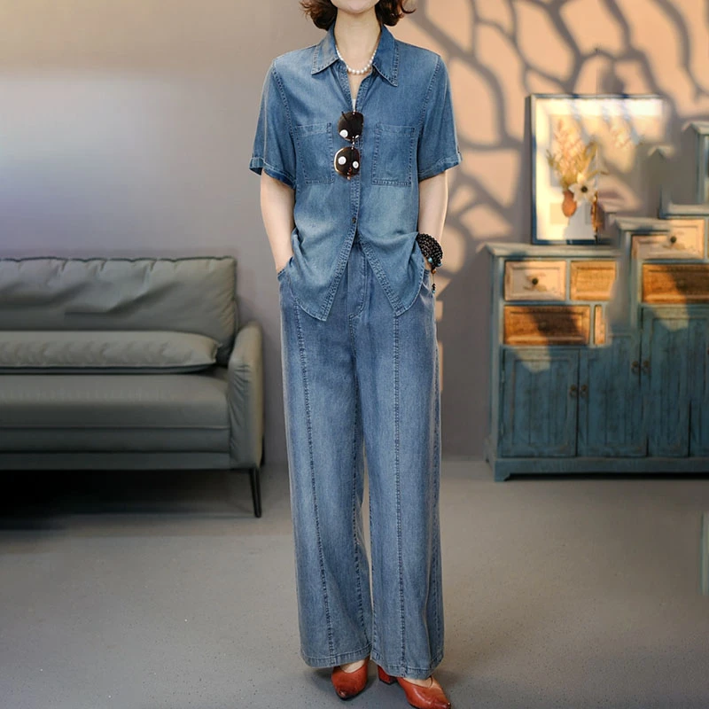 520-6850蓝/黑套装2025夏季新款天丝外套西装裤子百搭上衣长裤