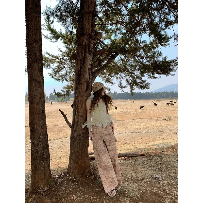 小君君布兰妮 日暮沙影/定制款泼墨晕染复古印花阔腿裤250106