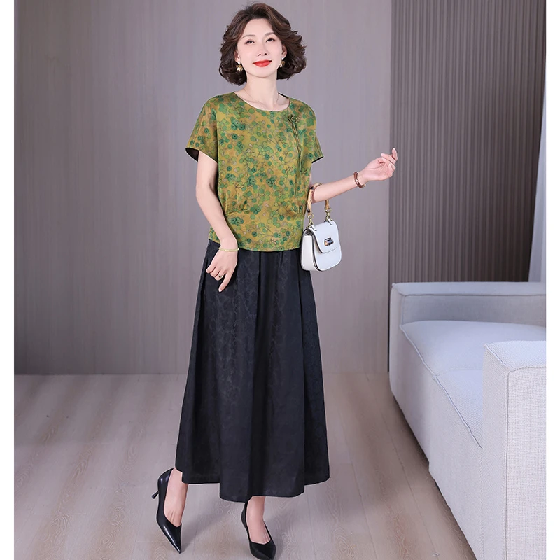 中年妈妈碎花套装夏季新款仿桑蚕丝提花龟纹套装女气质休闲两件套