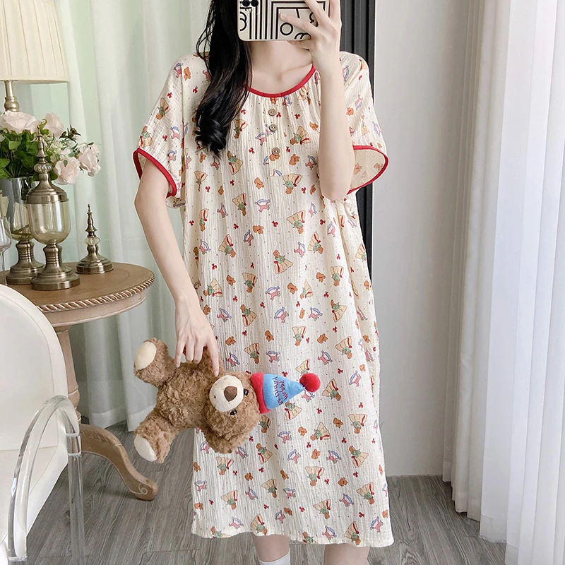 夏季纯棉母婴A类标准双层棉纱短袖女士透气可爱家居长裙睡裙宽松