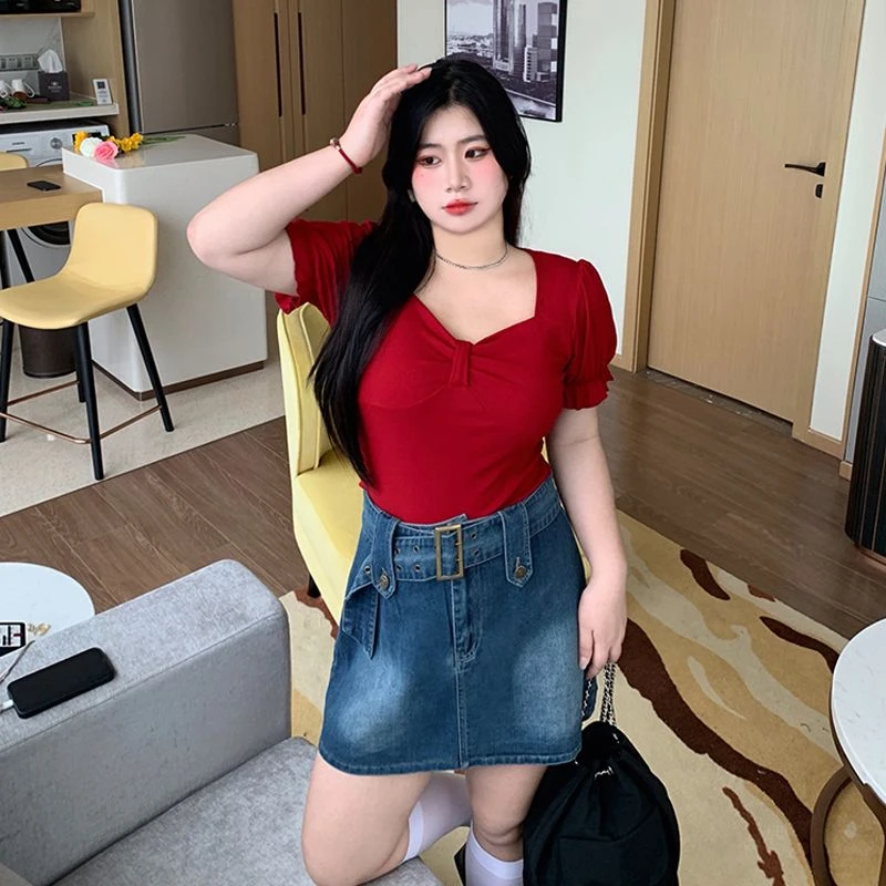 2025新款法式复古辣妹泡泡袖短袖T恤大码胖mm修身显瘦小众上衣ins