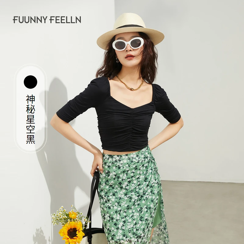 FF仿佛黑色短袖T恤女大V领修身显瘦FD00