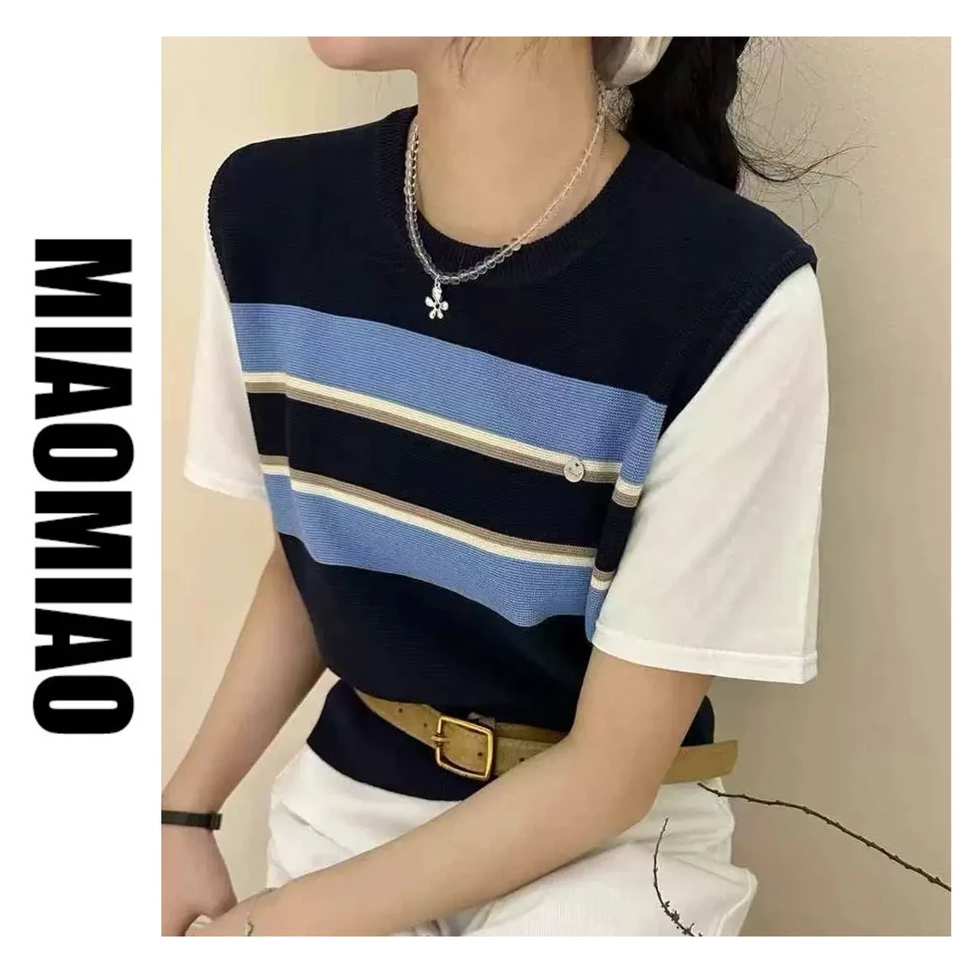 3121大码女装韩系条纹假两件拼接短袖t恤胖mm遮肉显瘦冰丝针织衫