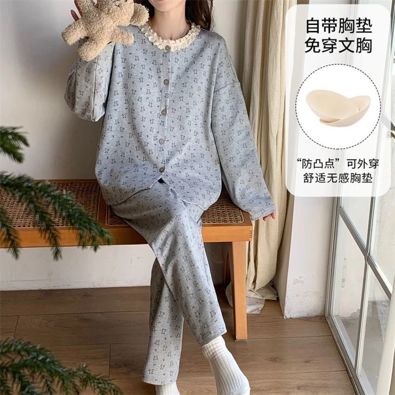 带胸垫睡衣女春秋2025新款开衫长袖长裤韩版休闲简约家居服两件套