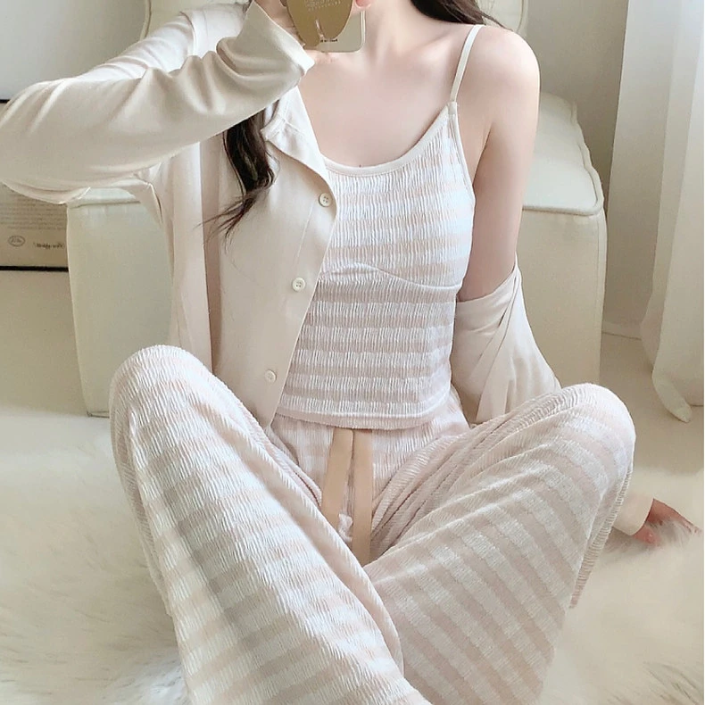 带胸垫睡衣女性感吊带长袖三件套装春秋季甜美纯欲风可外穿家居服