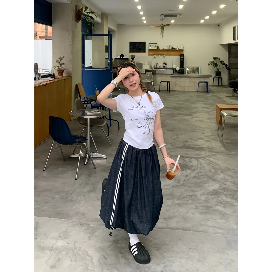 木子羊 牛仔蓝复古设计感A字版型蓬蓬长裙女重工logo刺绣工艺