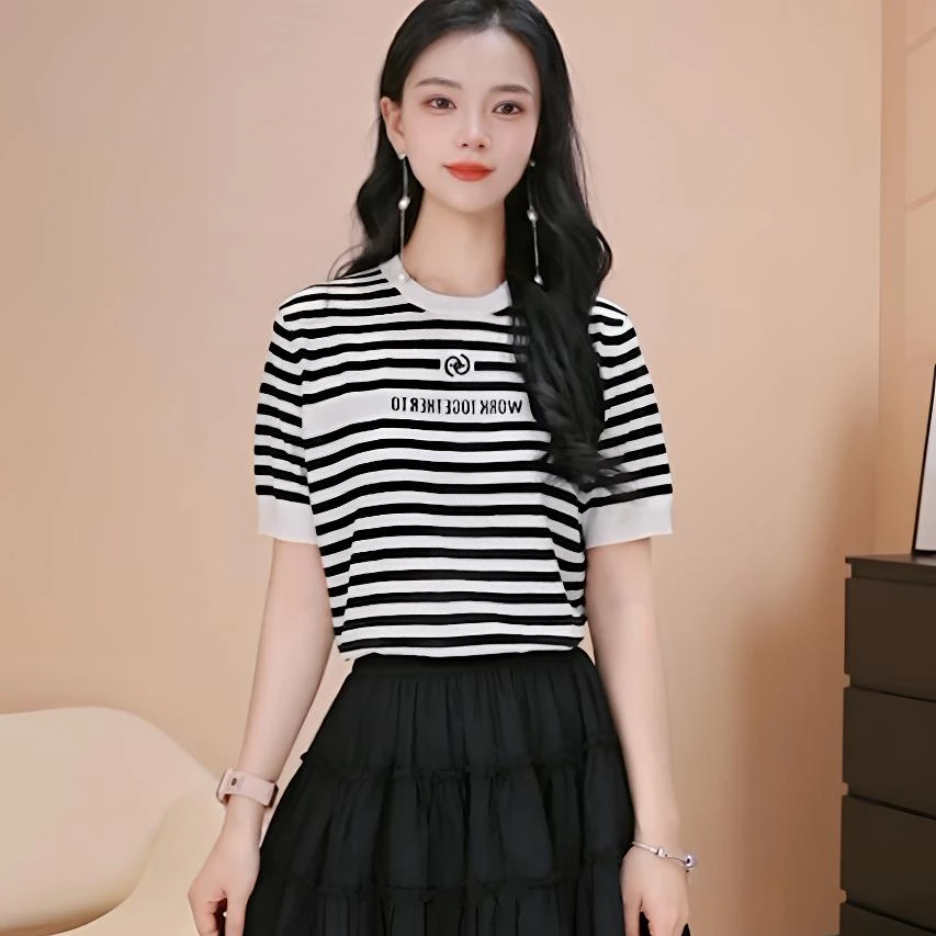 哥弟夏季新款幸运星动感条纹简约休闲轻薄显瘦针织短袖t恤138018