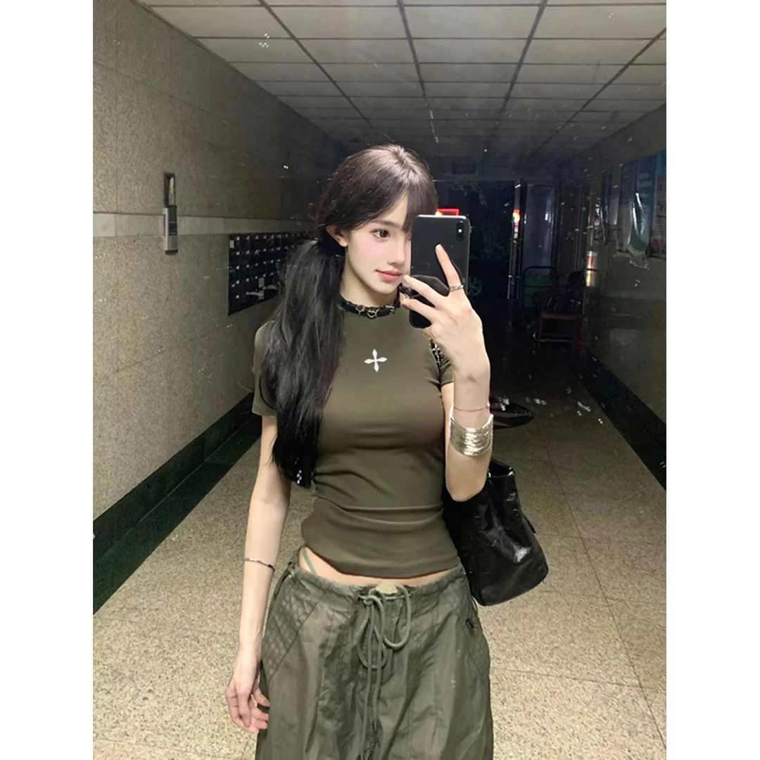 新款美式辣妹正肩短袖t恤女小众炸街高级感女装夏季穿搭短款上衣