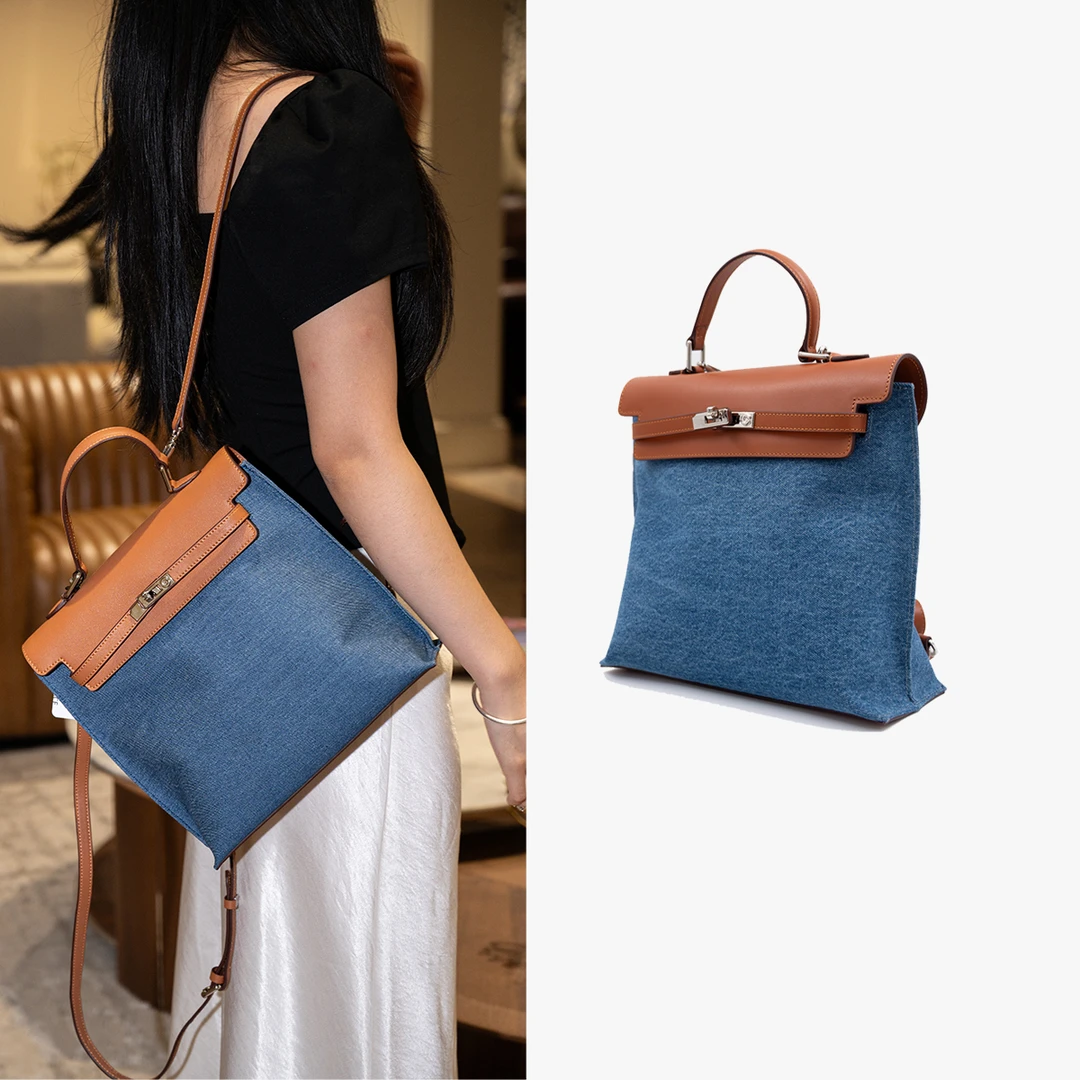 牛仔布双肩包拼皮包包宝恩时尚新款小众设计高级感通勤休闲女包