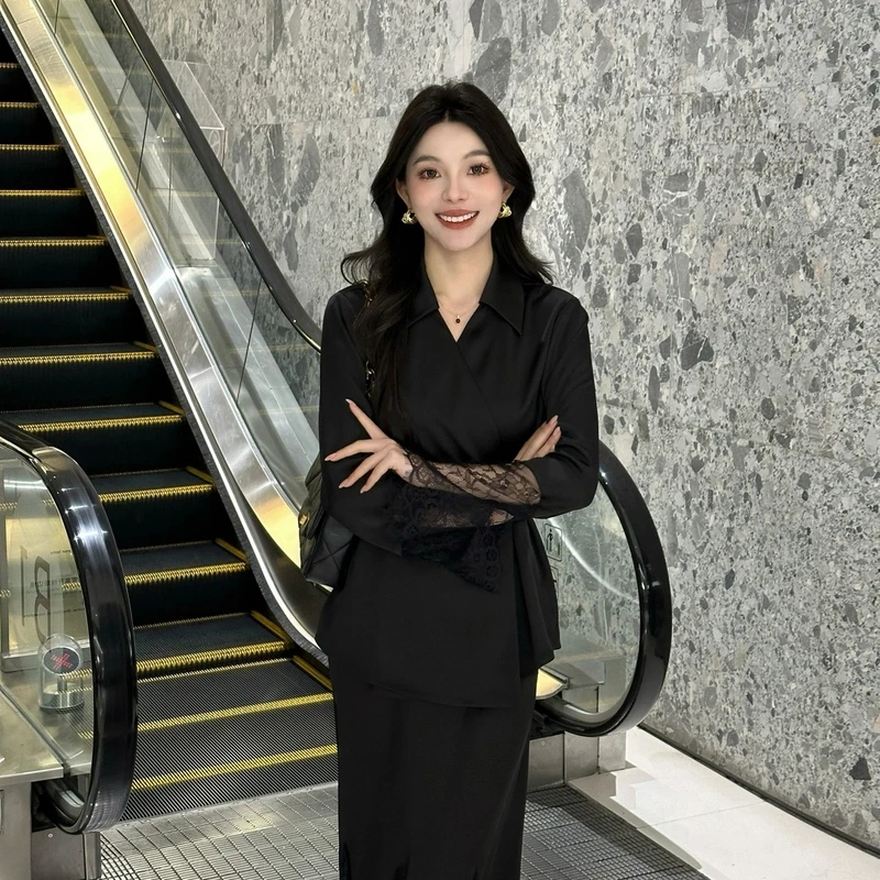 蕾丝套装夏季开叉长袖收腰法式长袖时尚女士复古老钱风松弛感女装