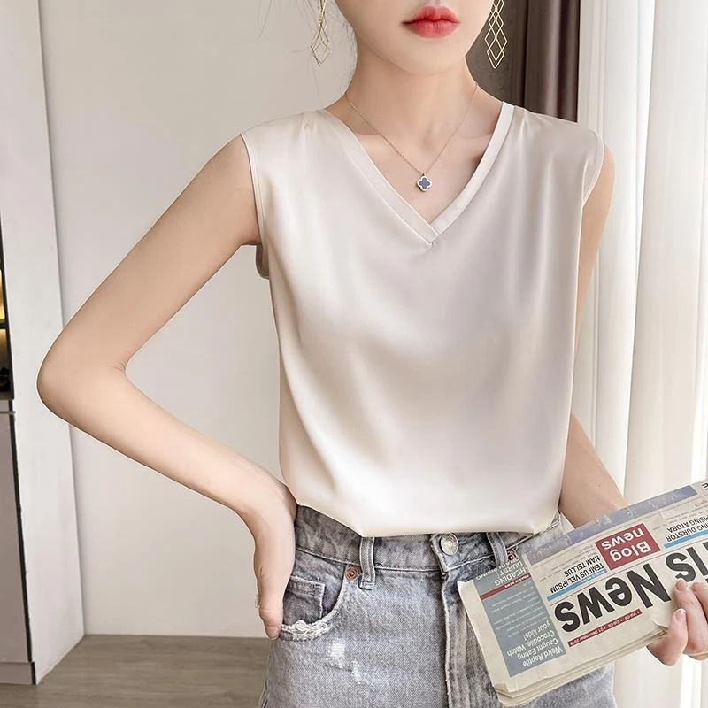 吊带背心女内搭西装大码宽松黑色冰丝纯色v领上衣白色无袖无袖