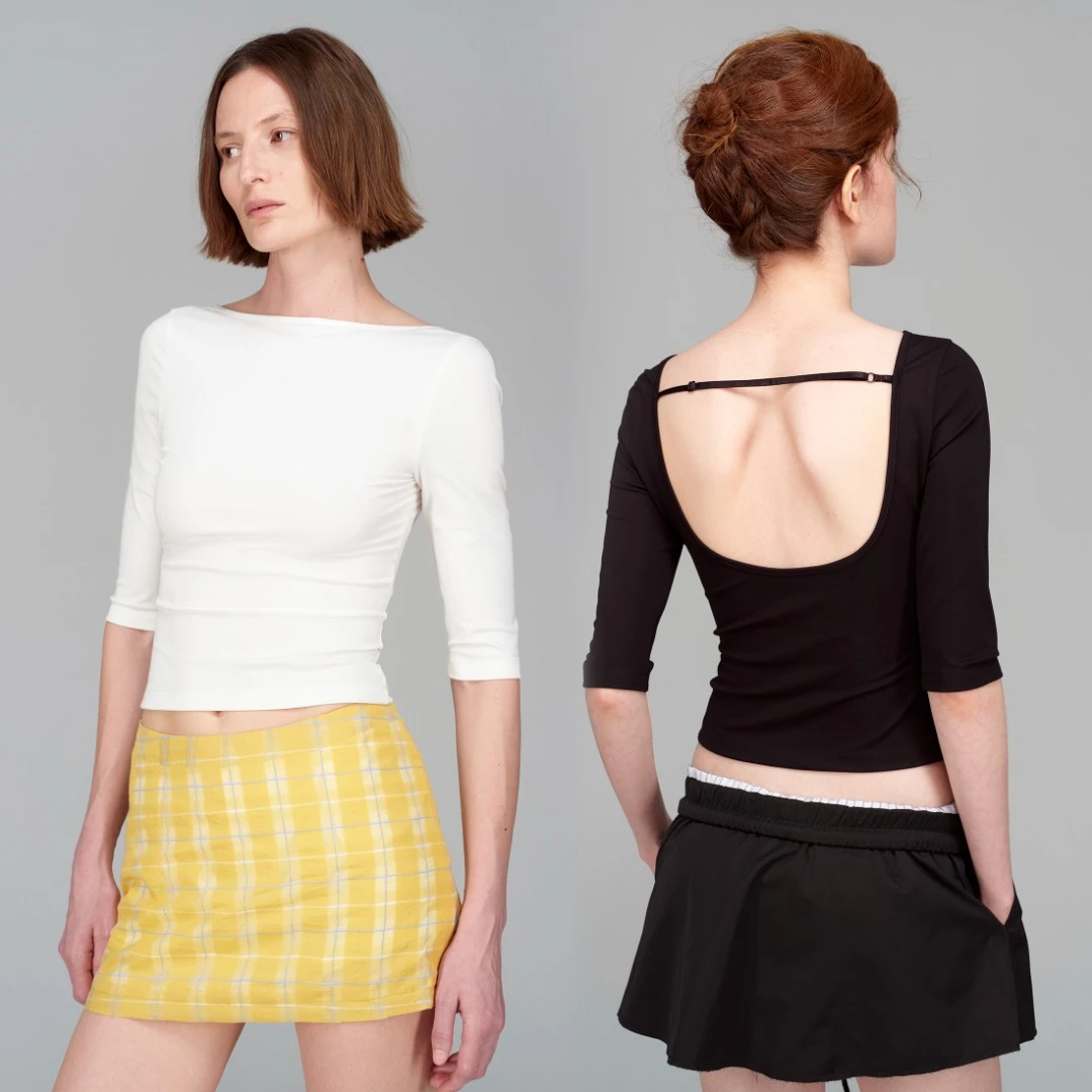 SMIIILE凉感露背船领七分袖t恤衫女气质紧身收腰高级感白色上衣