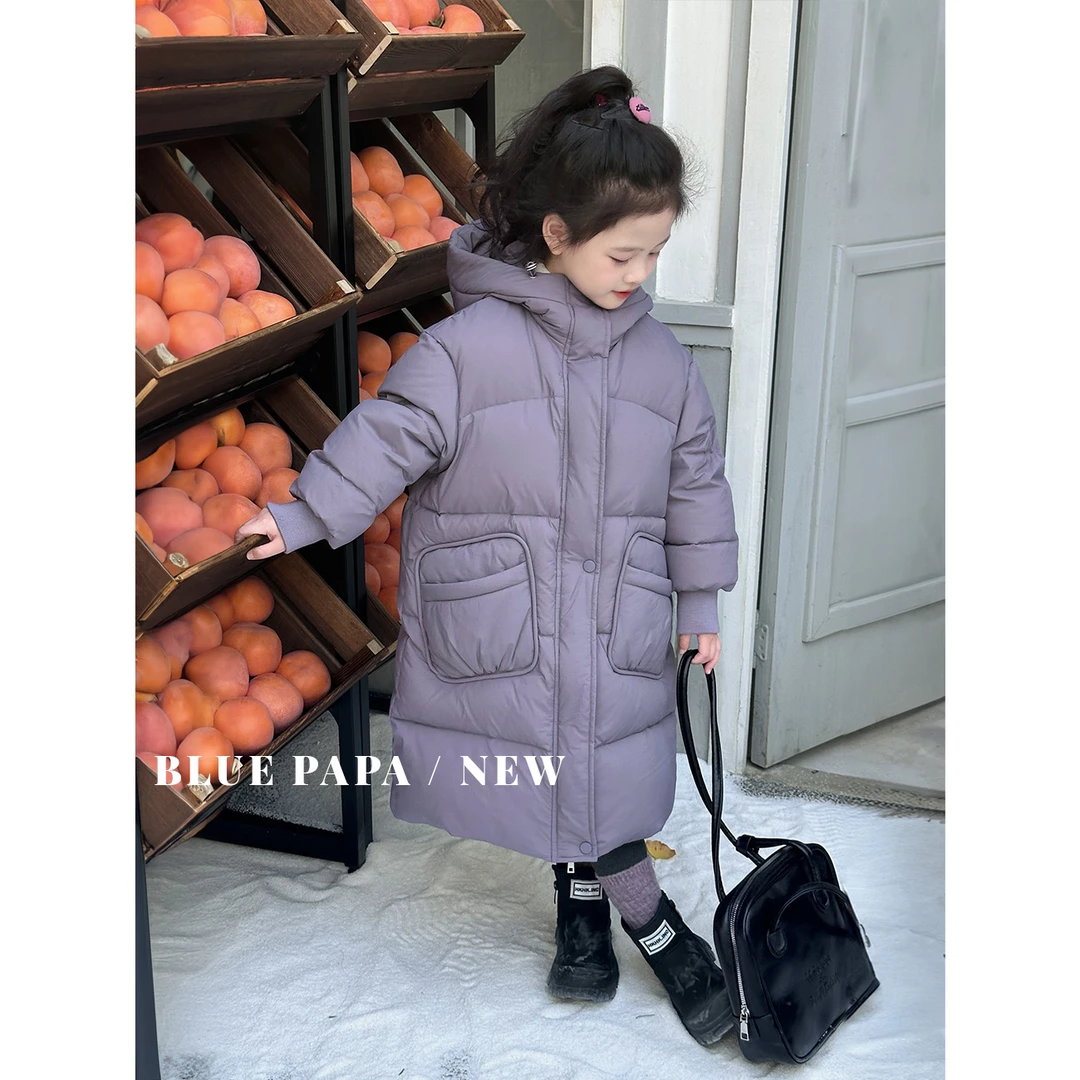 【行走】蓝小爸女童羽绒服2024冬季新款90白鸭绒中长连帽保暖外套