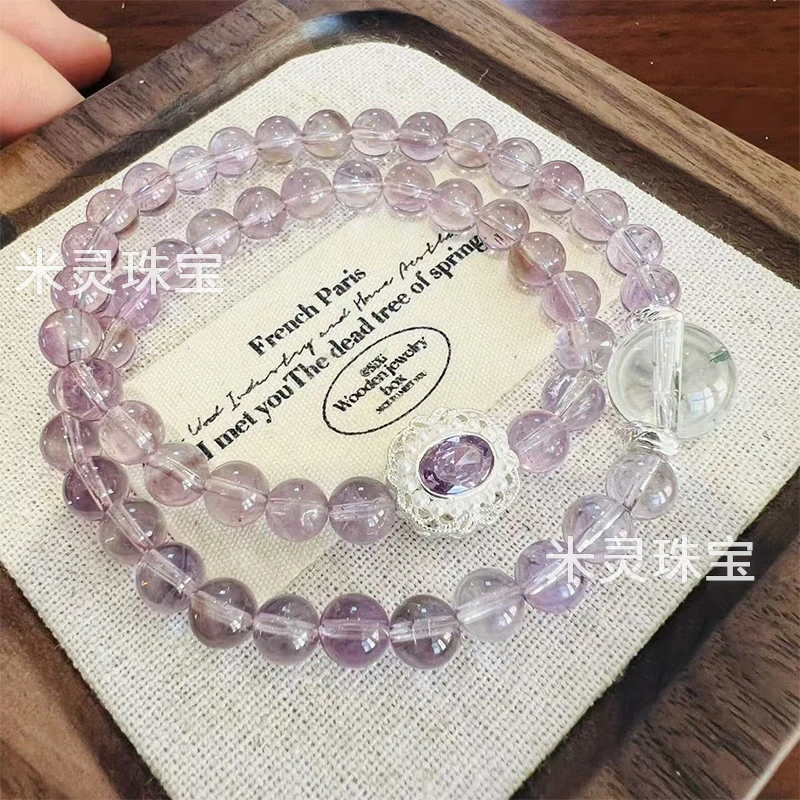 【绝绝紫】米灵6mm紫水晶+12mm白阿塞天然水晶手串手链双圈手串