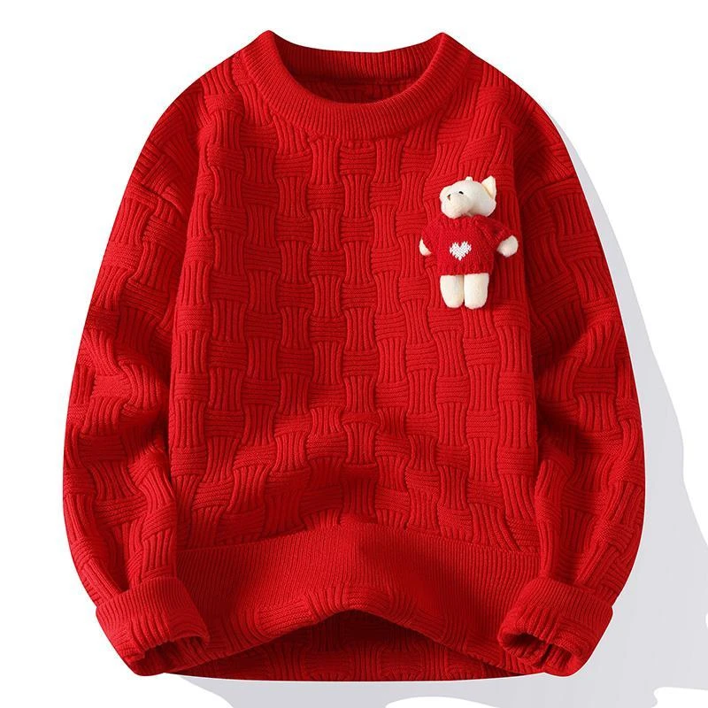 红色本命年毛衣男秋冬季加厚2025蛇年针织打底衫卡通小熊内搭线衣
