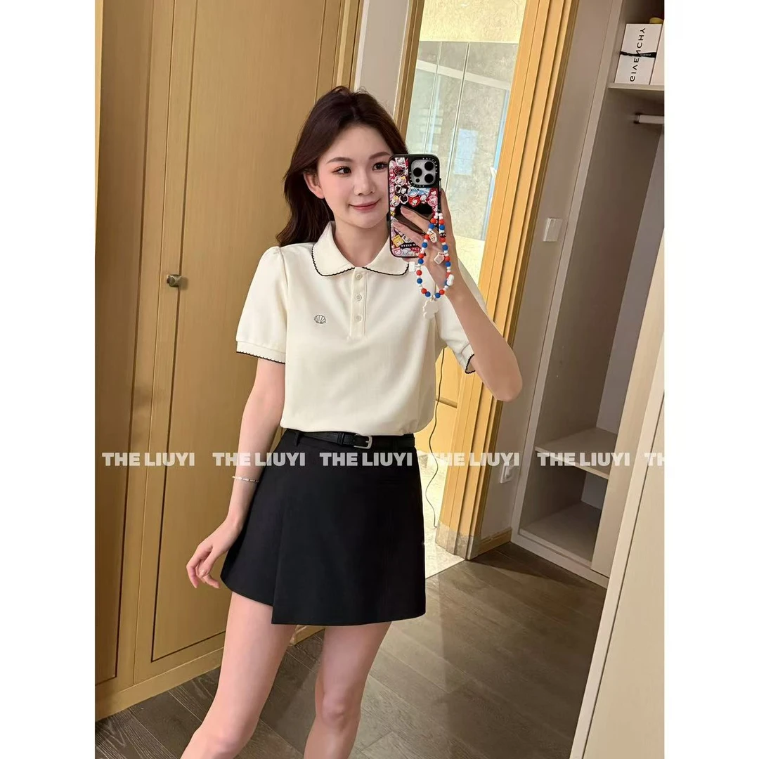 【LIUYI】安妮~夏季娃娃领撞色小贝壳刺绣上衣54066