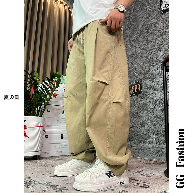 【cityboy】夏季薄款纯棉阔腿弯刀裤潮流百搭松紧腰直筒休闲裤男士