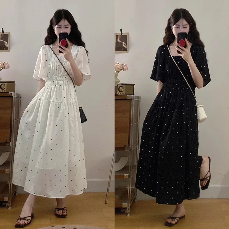 2025秋装新款胖mm大码女装韩系温柔风休闲甜美波点小黑裙赫本风