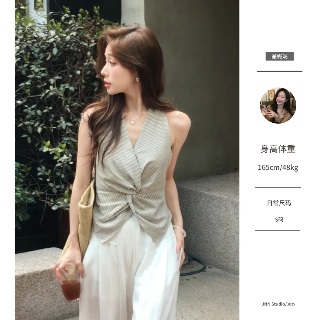 JNN 复古条纹挂脖上衣修腰显瘦挂脖女V领纽结款