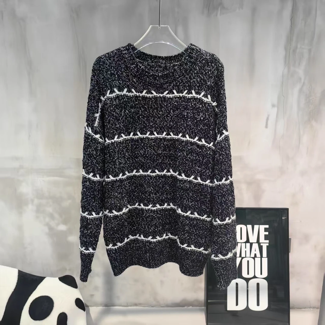 2025早春新款女士条纹花纱长袖圆领针织毛衣女9210