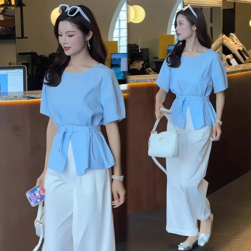 时尚套装女2025夏季新款洋气减龄收腰系带上衣显瘦阔腿裤两件套潮