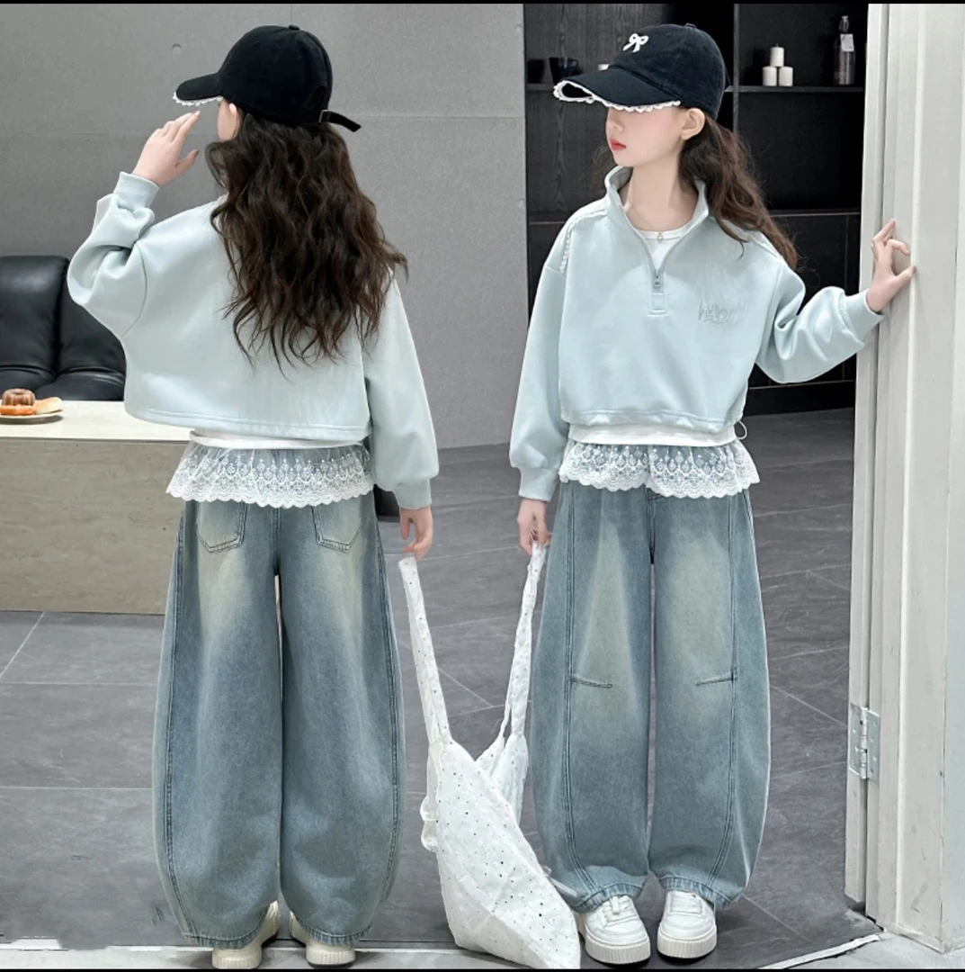女童春装套装2025新款洋气女大童卫衣外套牛仔弯刀裤休闲三件套潮