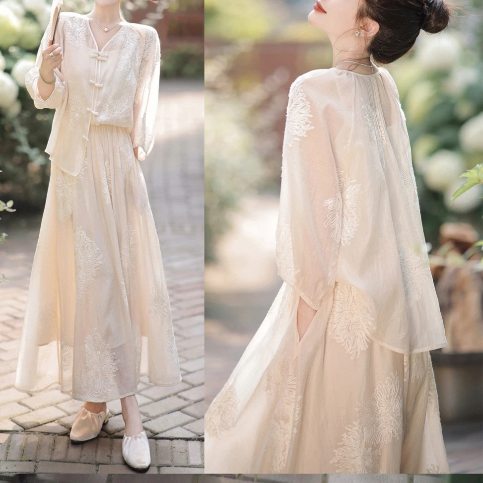 新中式清透设计感V领立体刺绣长袖2023夏新款开衫飘逸半身裙套装