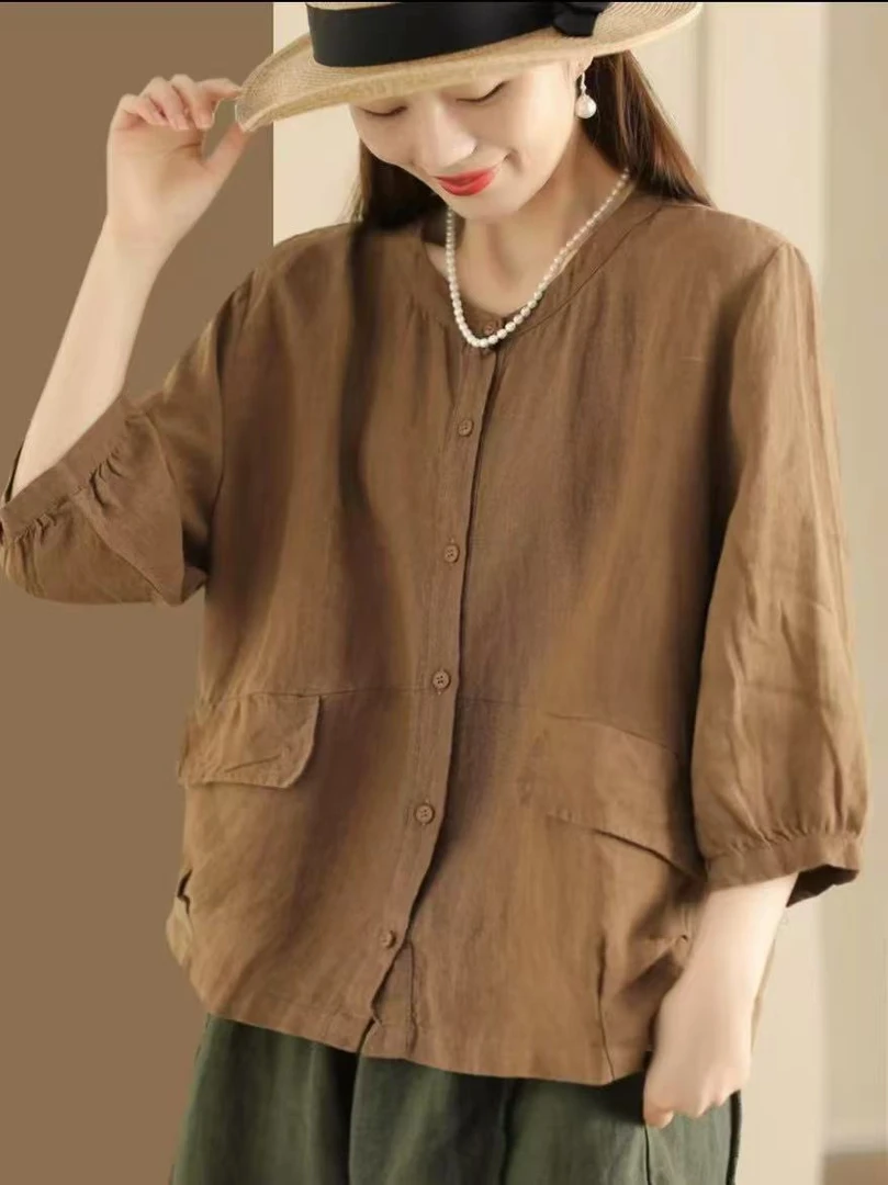 夏季复古汉麻宽松大码衬衫外套女纯色开衫百搭显瘦上衣