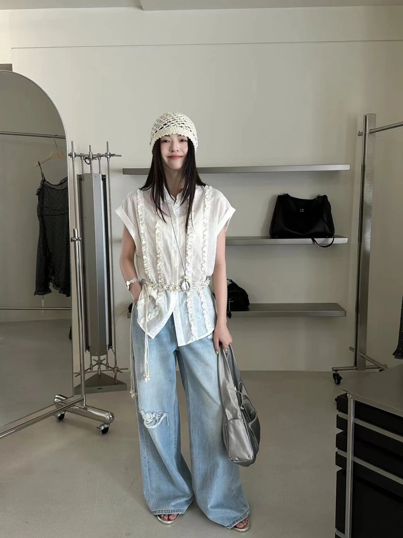 福秒-无袖衬衫木耳飞边设计收腰上衣+腰带（XD3597#）喜大东