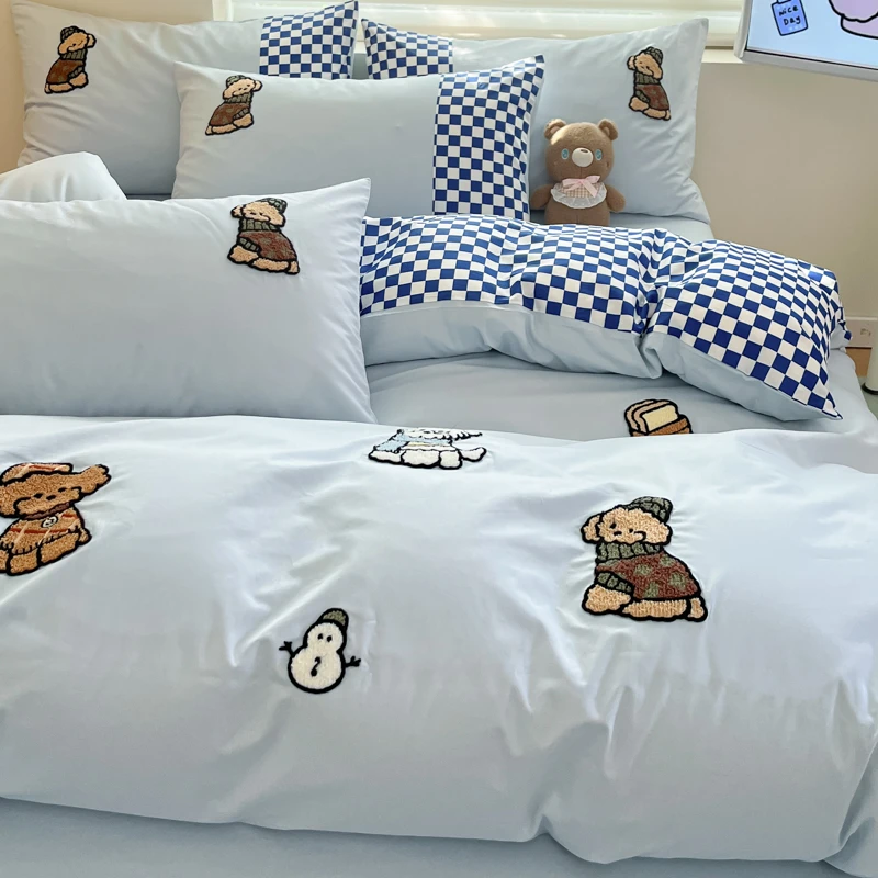 软糯春秋床上用品四件套全棉纯棉蓝色格子可爱狗狗毛巾绣被套床单