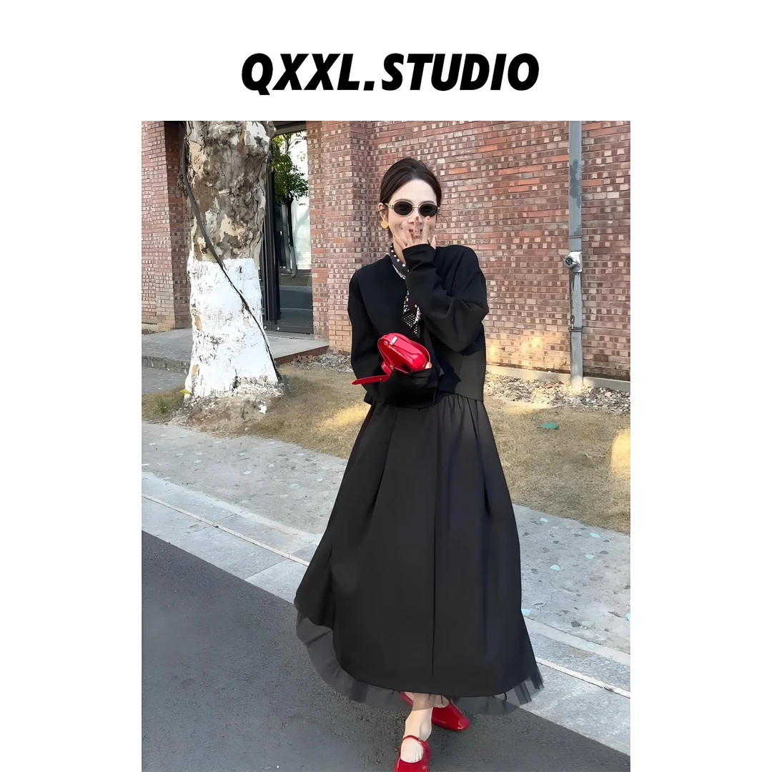 邱小小丽呀 高腰显瘦百搭黑色半身裙女秋冬新款韩系花边休闲伞裙