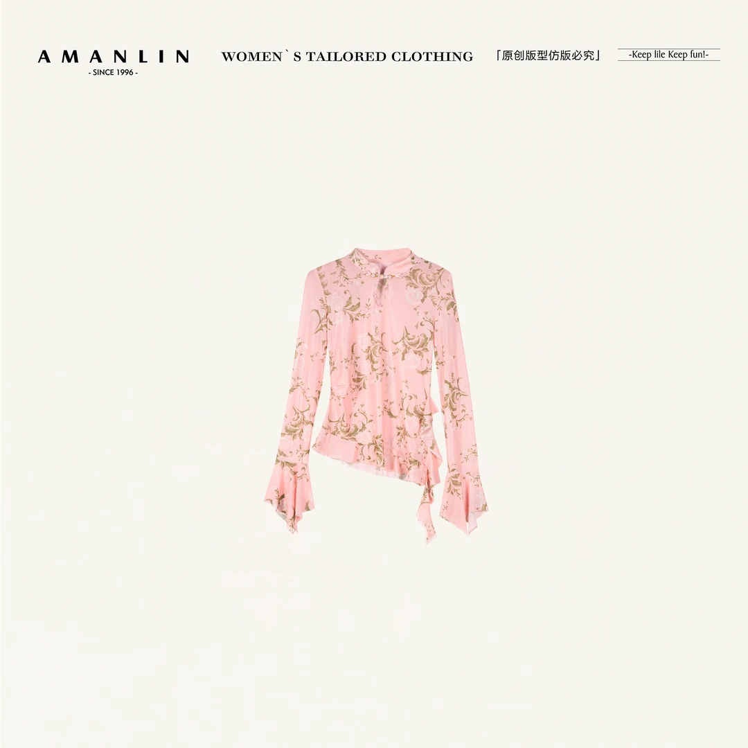AMANLIN/阿谩琳琥珀流光春秋款小清新文艺印花长袖T恤ZS601196
