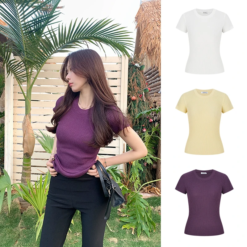 Moses Queen/魔西女王纯欲百搭紫色圆领显瘦修身收腰针织短袖T恤