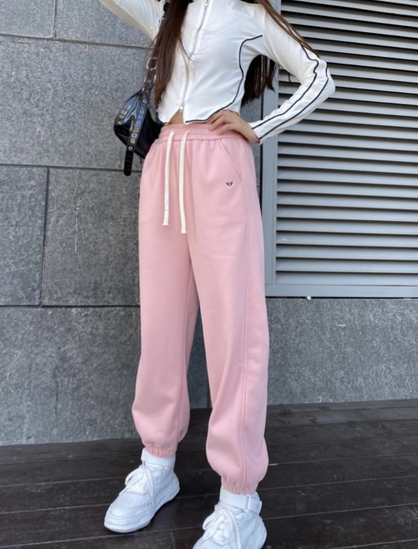 加绒笑脸刺绣高腰百搭时尚薄款夏季直筒卫裤女显瘦休闲裤冬季卫裤