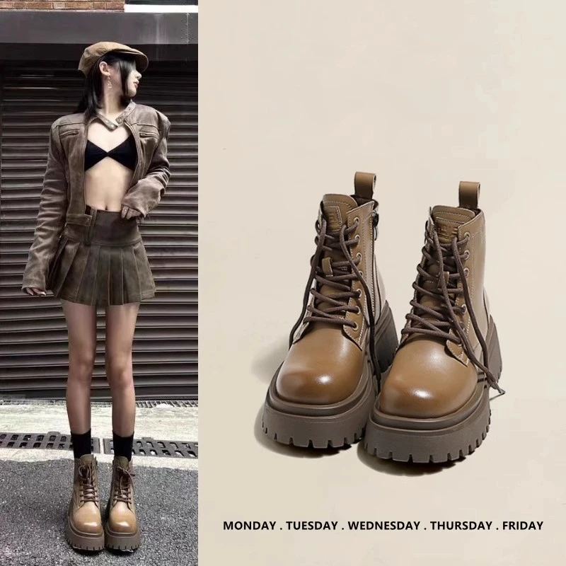 三福马丁靴女英伦风2025冬季新款单靴爆款厚底增高侧拉链加绒短靴