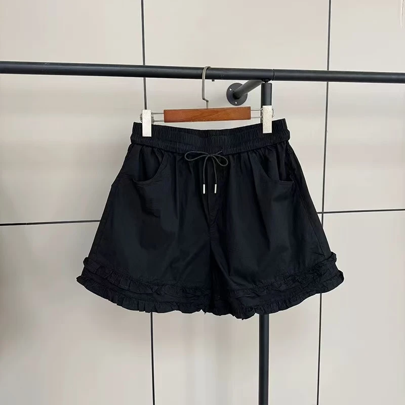 D56286韩系2025夏季新款糖果色木耳边裤脚显瘦松紧腰休闲短裤