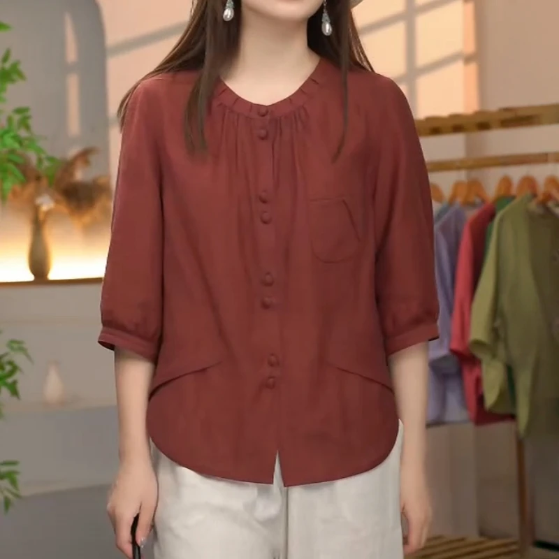 文艺复古休闲七分袖衬衫女2025秋季新款洋气宽松百搭显瘦小衫上衣