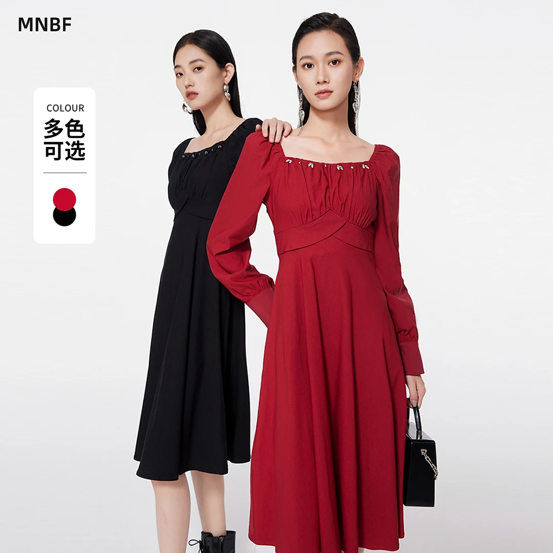 曼诺比菲商场同款春季红色方领连衣裙女气质长裙子MFEL112230