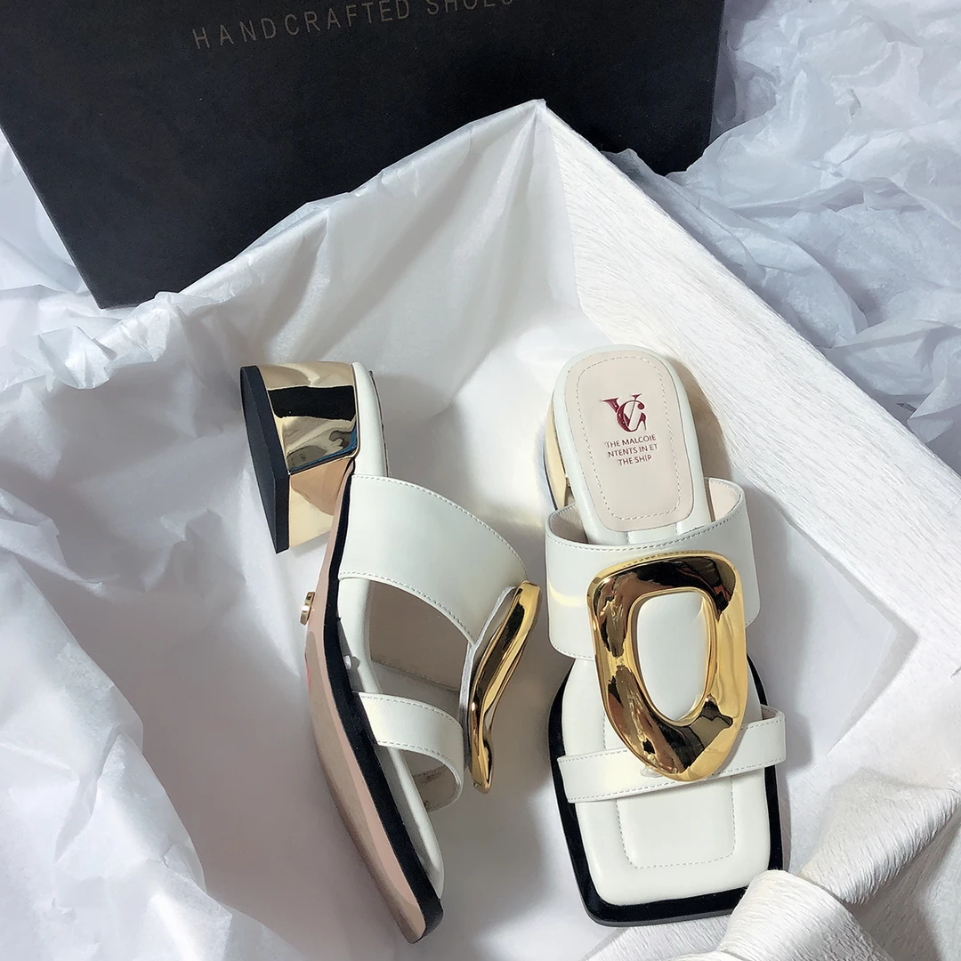 森屿海巷 欧美方头真皮一脚蹬气质粗跟优雅露趾中跟时尚懒人拖鞋